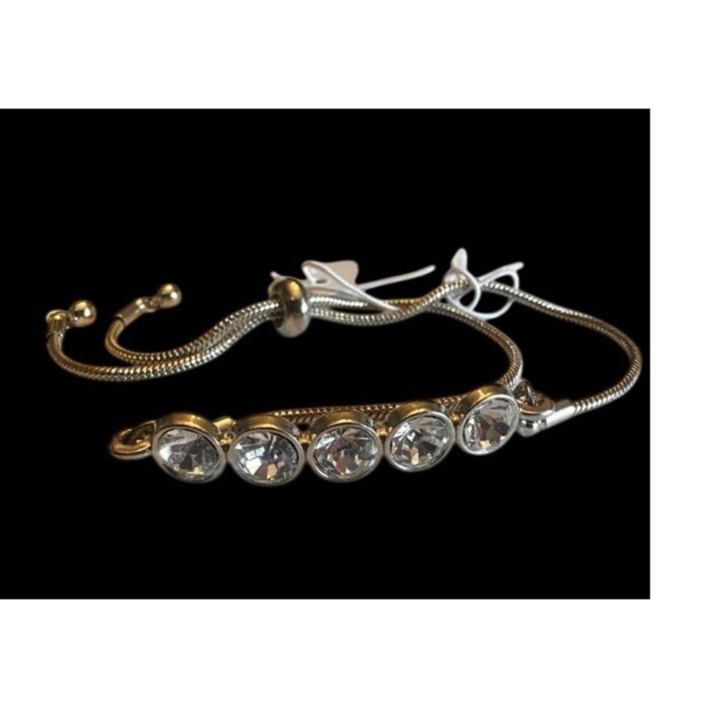 Silver Tone Adjustable Bolo Slider Bracelet Round Glass Rhinestones NWT Unsigned